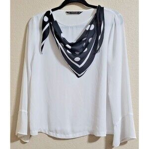 Zara Basics Women White Blouse Shirt Polka Dot Bandana Med. Western Cottagecore